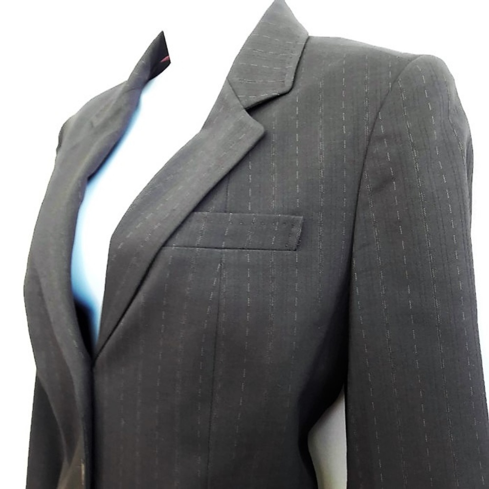 Elie Tahari Career Blazer Brown Pin Stripe Satin Trim 2 Flap Pockets 10